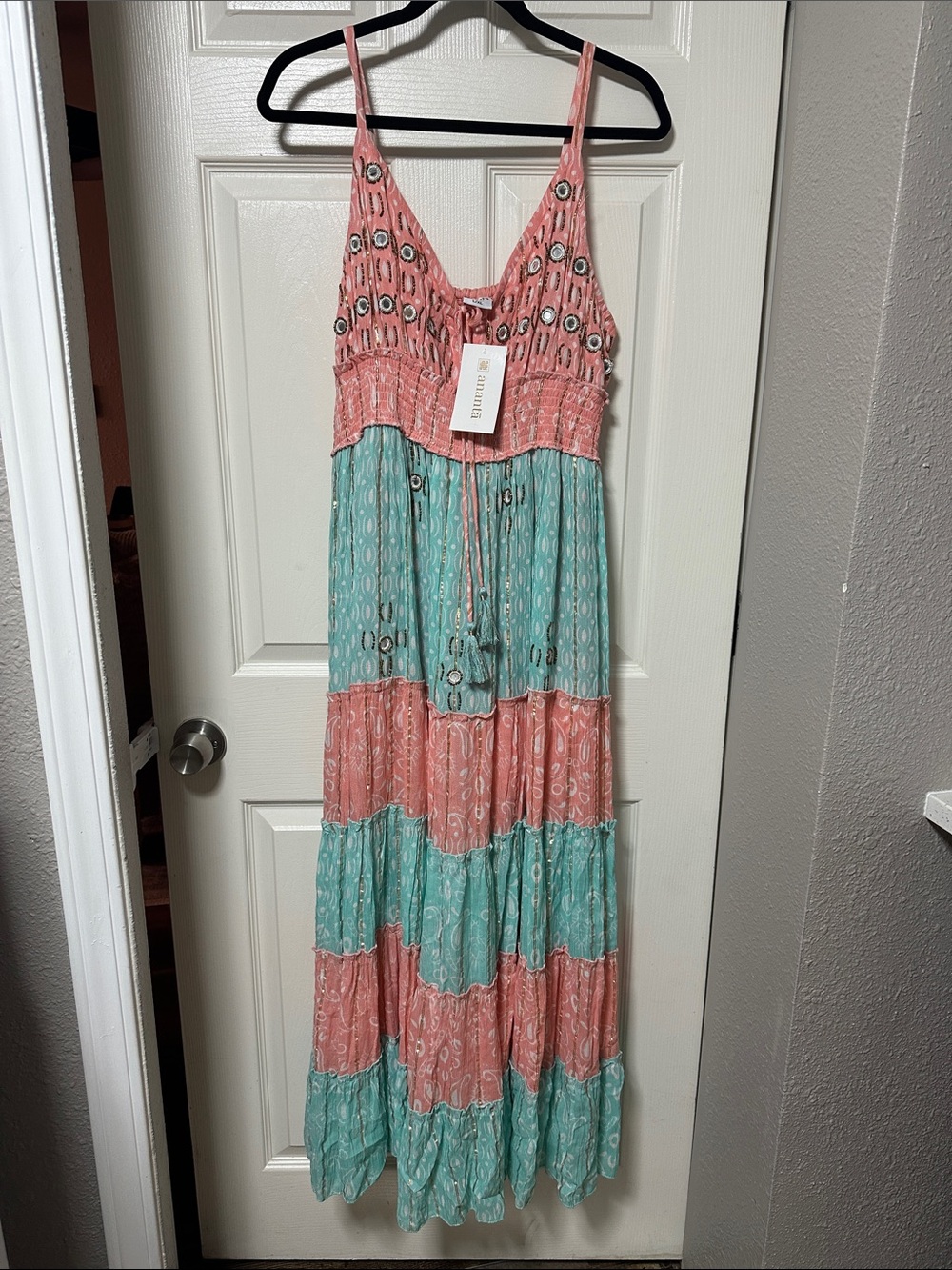 Boho Tiered Maxi Dress in Coral and Aqua with Adjustable Tie